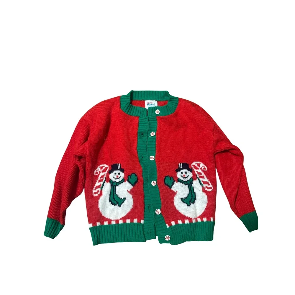 Vintage 90s OshKosh Snowman Christmas Cardigan Kids Medium‎ Chunky Knit Retro